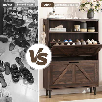 Veanerwood Shoe Cabinet with 2 Flip Drawers Farmhouse Shoe Storage Cabinet Organizer for Entryway, Gray