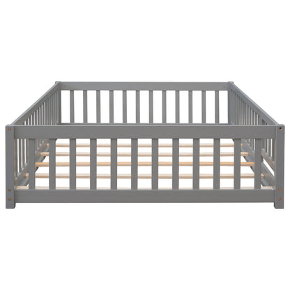 uhomepro Full Size Wood Floor Bed Frame with Fence and Door for Kids, Toddlers, Gray