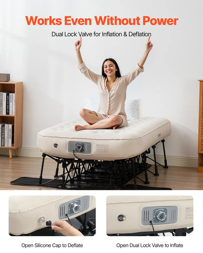 VEVOR Air Mattress with Frame, Inflatable 1 Person Camping Cot with Built-in Pump, Portable Folding Air Beds Supports 300 lbs, Blow Up Anywhere Bed for Guests Camping Travel Indoor & Outdoor Use