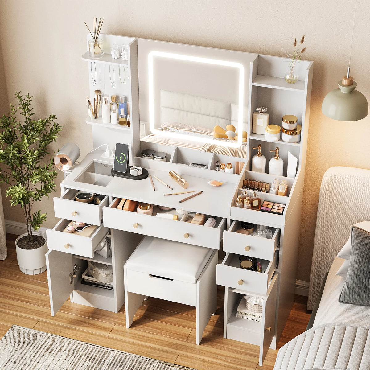 Vanity Set with Mirror and Lights, Makeup Table with Charging Station,5 Drawers & Storage Shelves, White