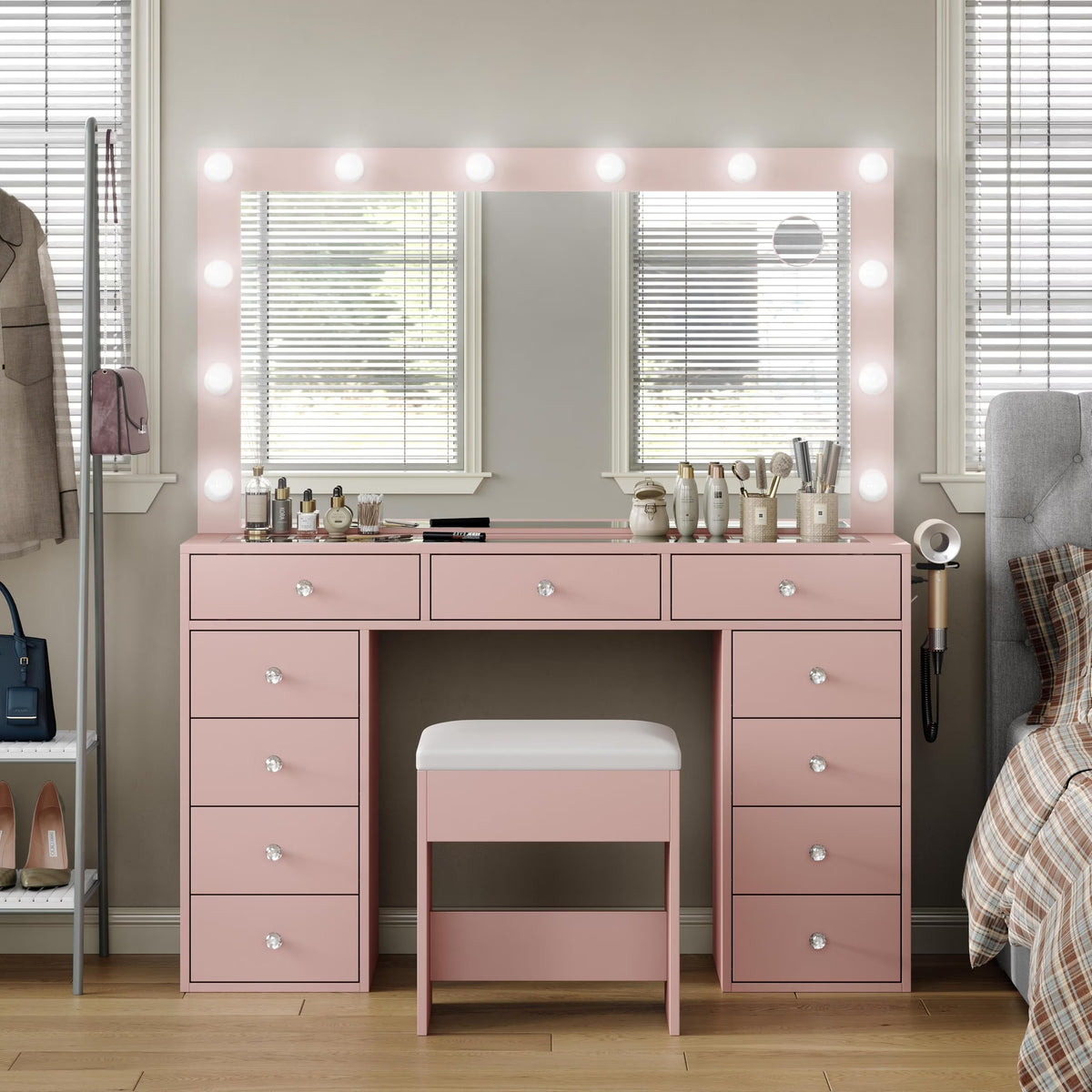 White Vanity Desk with Illuminated Mirror & Power Outlet, 11 Drawers Vanity Table with Chair, Makeup Vanity with 12 LED Lights, Tempered Glass Top, Dressing Table for Bedroom,Dressing Room