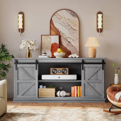 Vineego 70 inch Farmhouse TV Stand for Living Room, Entertainment Center with Sliding Barn Doors & 4 Storage Drawers, Adjustable Shelves Rustic Media Console for Bedroom,White
