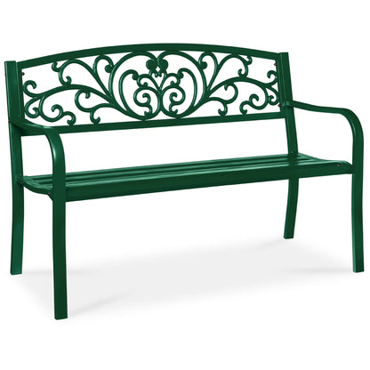 Best Choice Products Outdoor Steel Bench Garden Patio Porch Furniture w/ Floral Design Backrest - Black