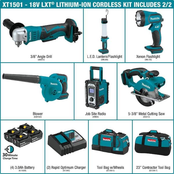 18V LXT Lithium-ion Cordless 15-Piece Combo Kit with (4) Batteries 3.0Ah, Charger and (2) Bags