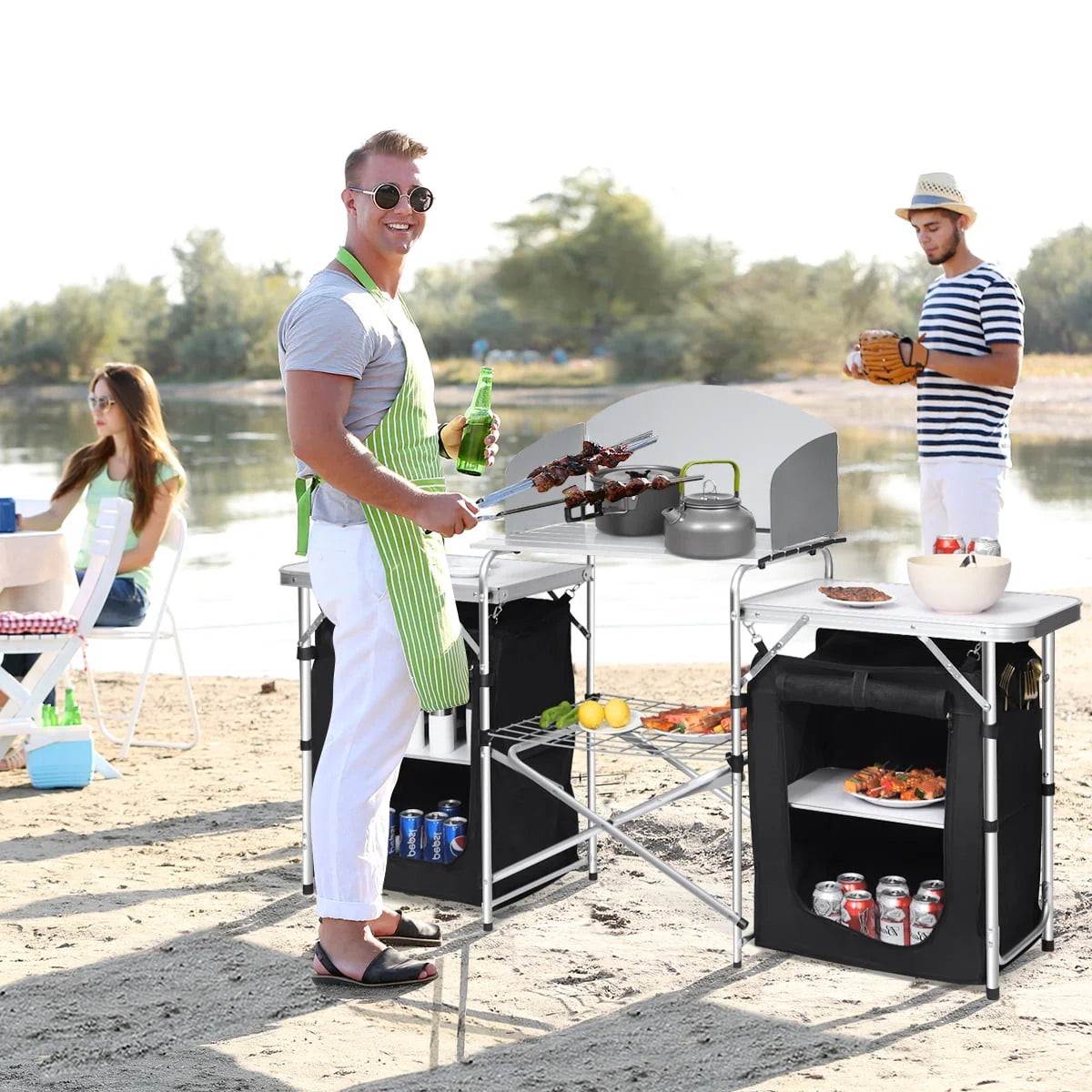 Goplus Folding Portable Aluminum Camping Grill Table w/ Storage Organizer Windscreen Black