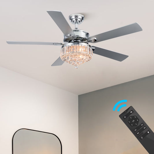 Bestco 52" Chandelier Crystal Ceiling Fan with Light 6 Speeds 5 Dual Sided Blades Chrome