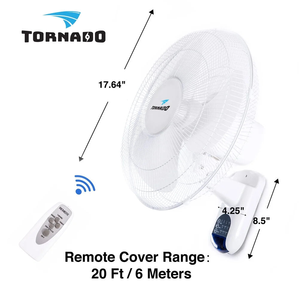 2 Pack - Tornado 16 Inch Wall Mount Fan - Remote Control Included - 3 Speed Settings - UL Safety Listed