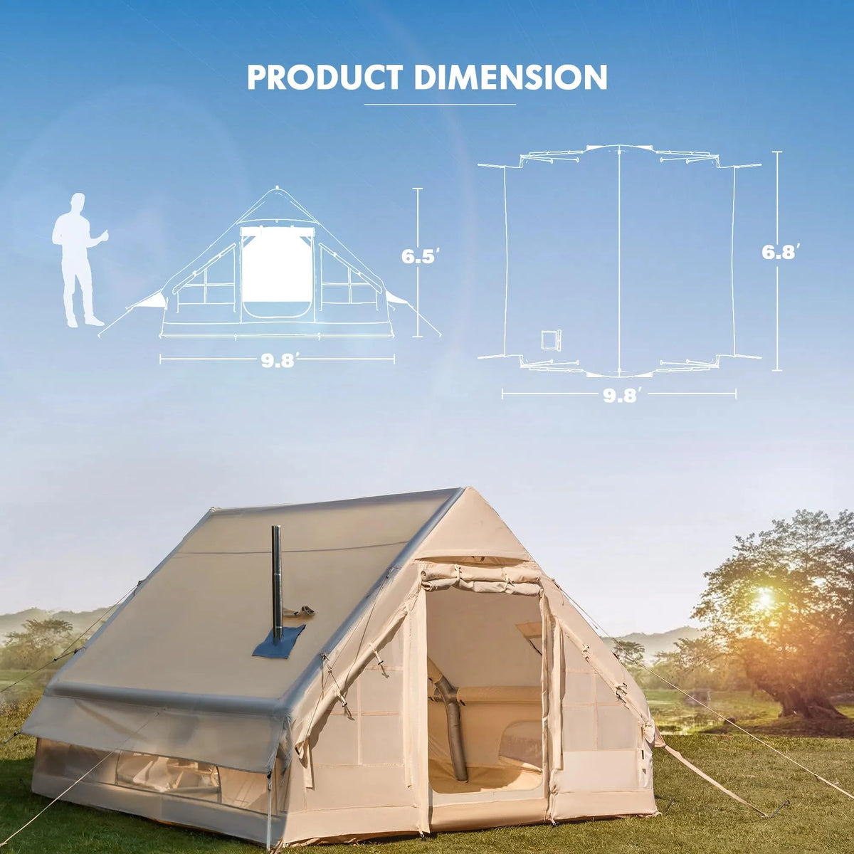 Yoleny 12'x8' Inflatable Tent, 96 SFT Blow Up Tent for Camping, 4 Season Oxford Glamping Tents with Clear Skylight, Pump & Stove Jack