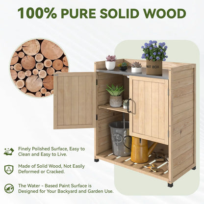 YODOLLA Potting Bench, Wooden Outdoor Storage Cabinet with Adjustable Shelf, Patio Storage with Metal Tabletop, Potting Table for Garden, Patio and Lawns, Gray