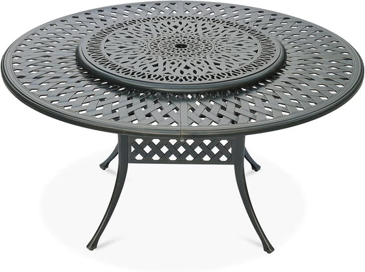 VIVIJASON Outdoor 61" Patio Dining Table for 6-8 Person, Large Patio Round Dining Table with 24" Lazy Susan, Dark Bronze Cast Aluminum Rustic Patio Table W/Umbrella Hole for Balcony, Porch and Deck