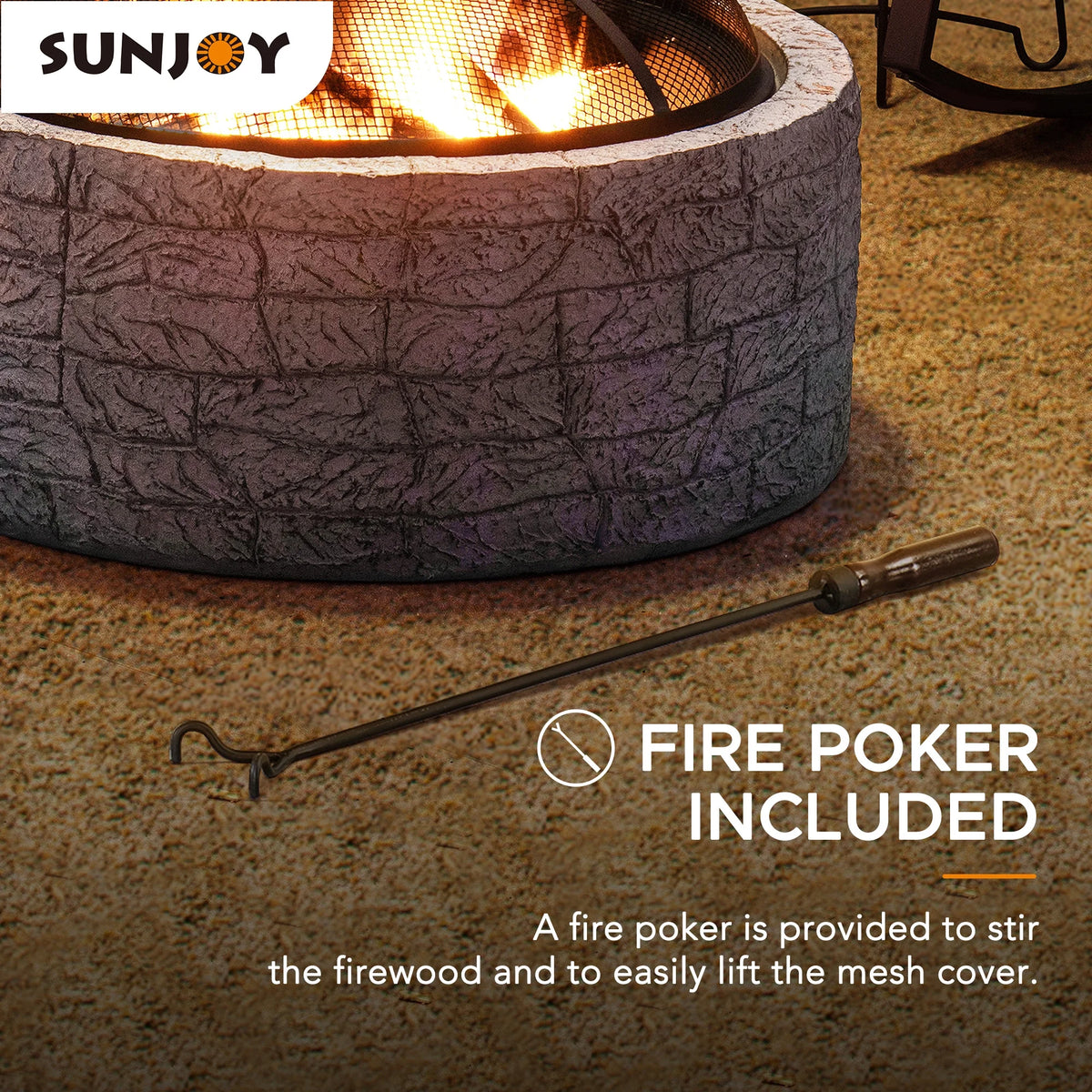 Sunjoy Stone Fire Pit 26 Inch, Outdoor Round Wood Burning Fire Pits with Spark Screen and Poker  Grey