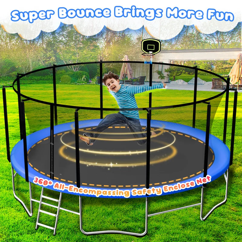 16FT Trampoline for 8-9 Kids Adults with Basketball Hoop, Enclosure, Light, Sprinkler, Socks, 2000LBS Outdoor Round Heavy Duty Recreational Backyard Trampoline