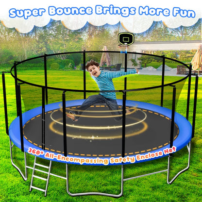 16FT Trampoline for 8-9 Kids Adults with Basketball Hoop, Enclosure, Light, Sprinkler, Socks, 2000LBS Outdoor Round Heavy Duty Recreational Backyard Trampoline