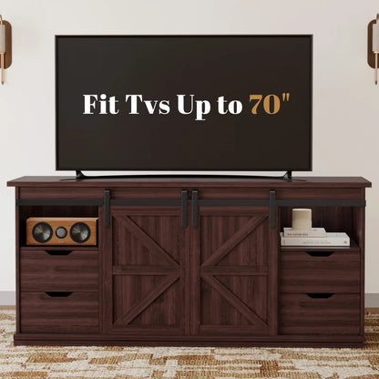 Vineego 70 inch Farmhouse TV Stand for Living Room, Entertainment Center with Sliding Barn Doors & 4 Storage Drawers, Adjustable Shelves Rustic Media Console for Bedroom,White