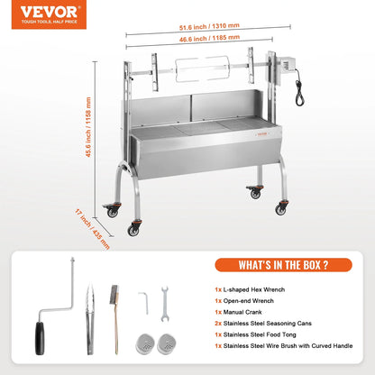 VEVOR Rotisserie Grill with Windscreen, BBQ Whole Pig Lamb Goat Charcoal Spit Grill, 46 Inch 132 Lbs Capacity, Electric 52W Motor Stainless Steel Roaster with Lockable Wheels, for Camping Outdoor