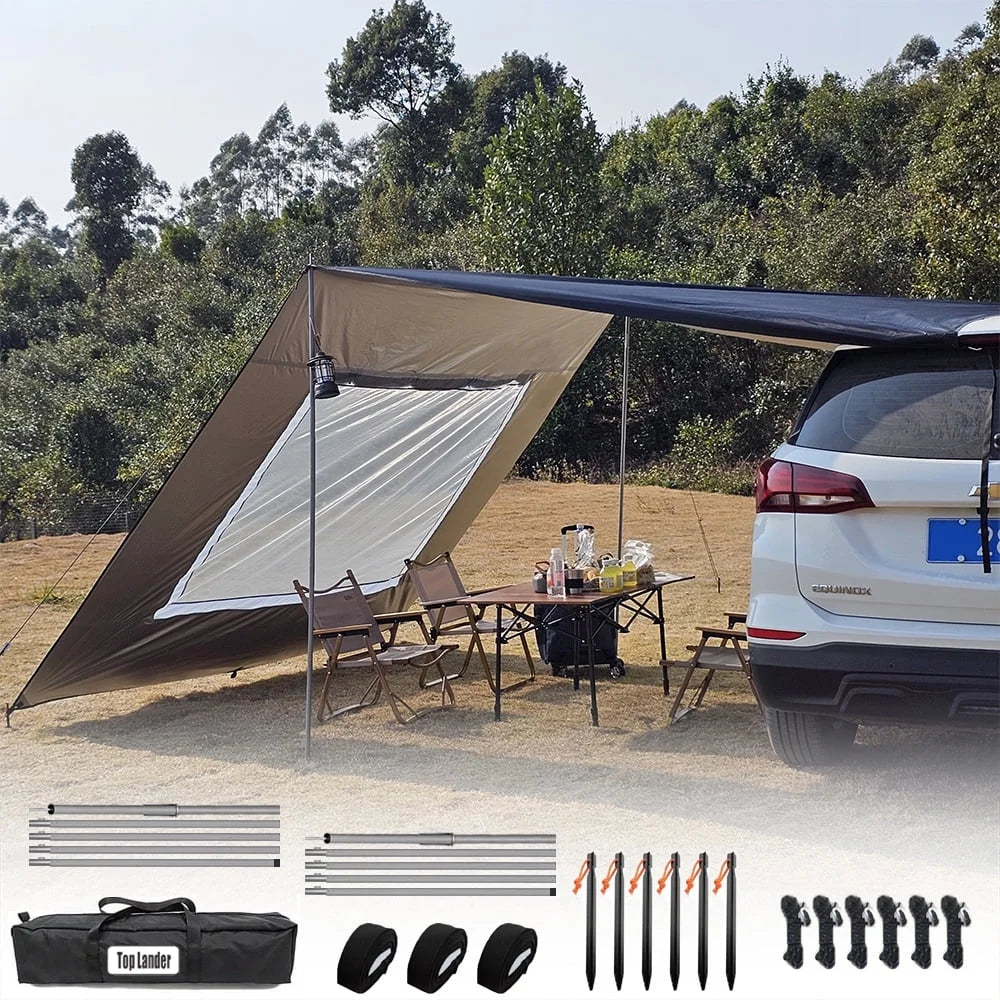 118x196in Car Side Awning with Pole Outdoor Camping Tent Tarp Waterproof Canopy Shade Sun Shelter with mesh