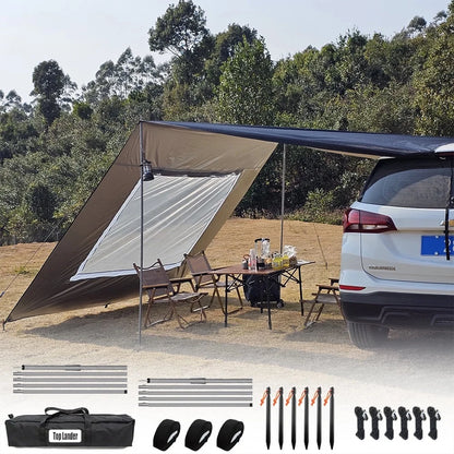 118x196in Car Side Awning with Pole Outdoor Camping Tent Tarp Waterproof Canopy Shade Sun Shelter with mesh