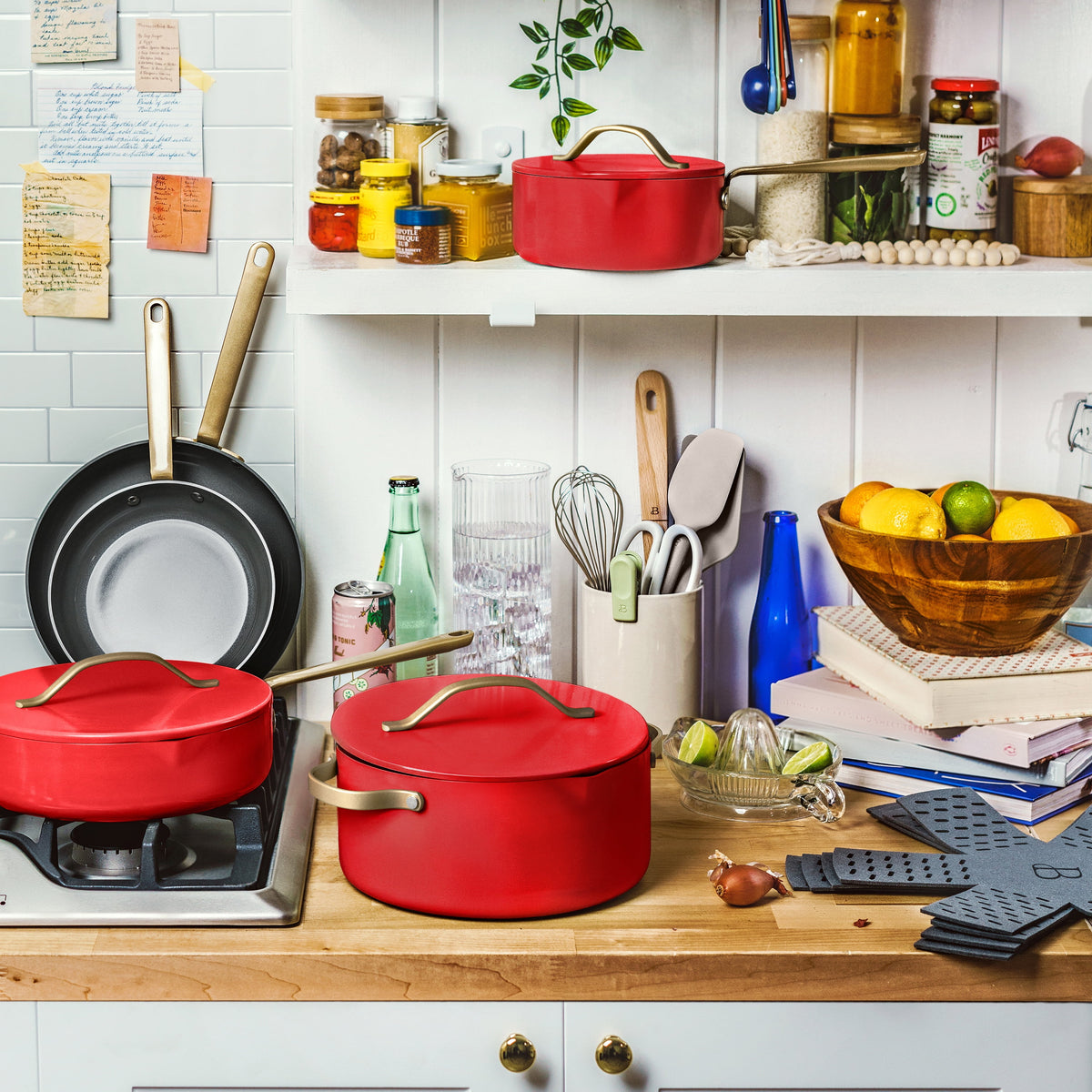 Beautiful 12pc Ceramic Non-Stick Cookware Set with Strainer Lids, White Icing by Drew Barrymore