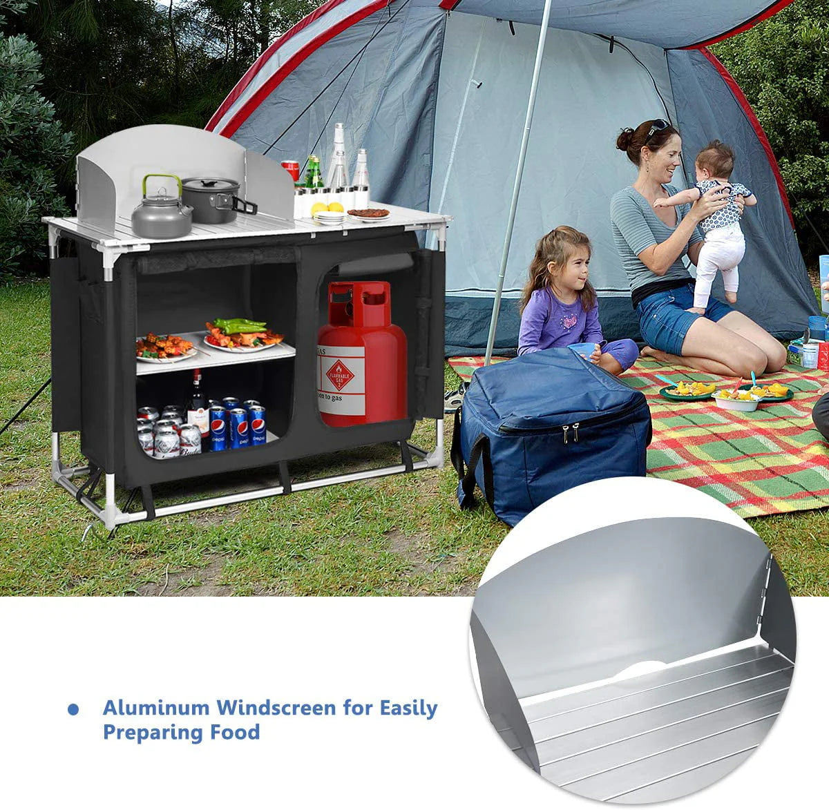 Camping Kitchen Table, Camping Grill Table w/Windscreen & Storage Organizer, Outdoor Kitchen Cook Station with Basin for BBQ, Party, Picnics, Backyards, BBQ Table