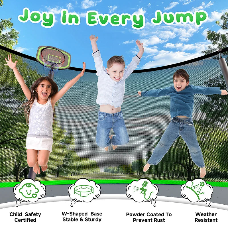 16FT Trampoline for 8-9 Kids Adults with Basketball Hoop, Enclosure, Light, Sprinkler, Socks, 2000LBS Outdoor Round Heavy Duty Recreational Backyard Trampoline
