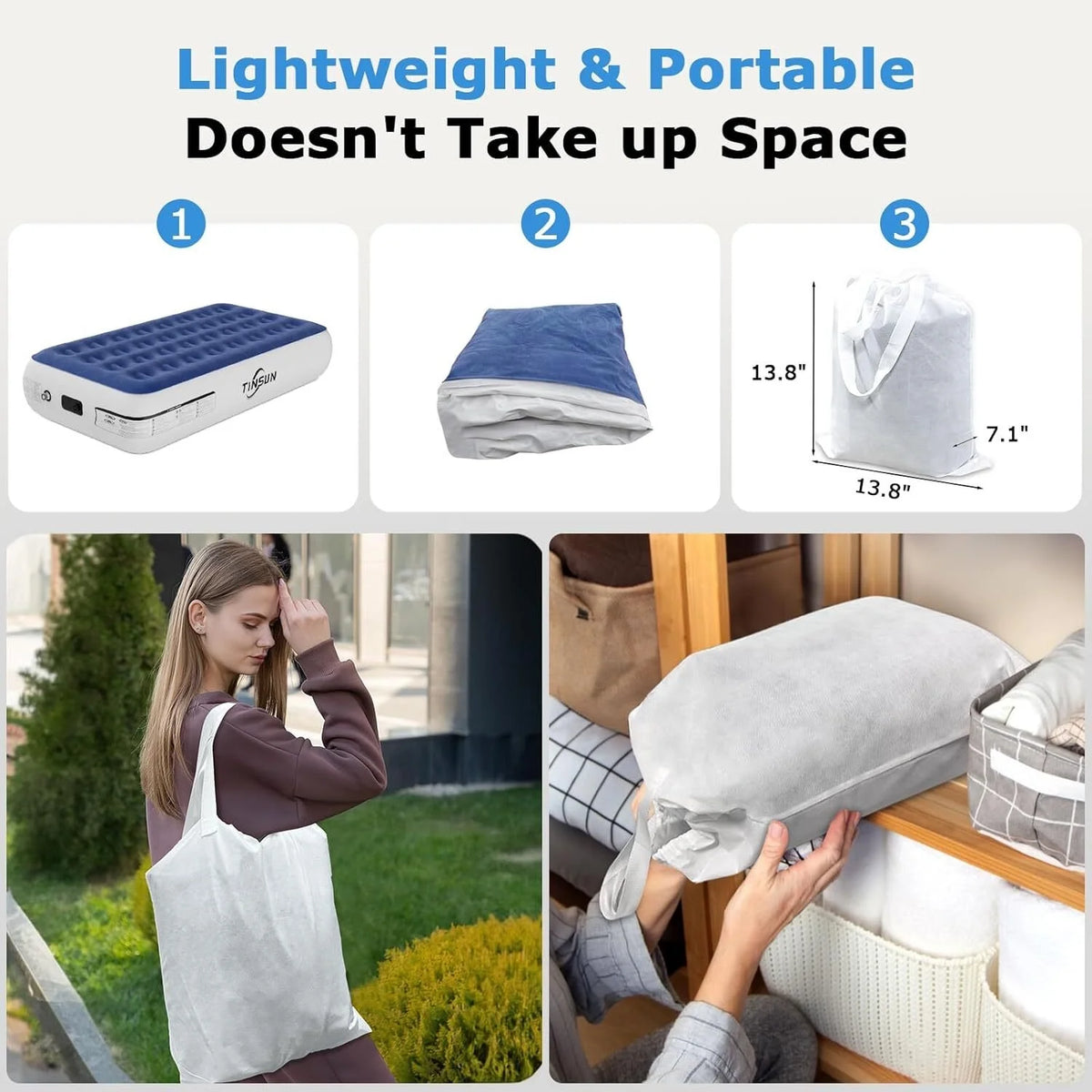 13" Queen Air Mattress, Portable Inflatable Blow Up Bed with Built-in Pump, Air Bed for Camping, Beach, Outdoor, Guest, Blue