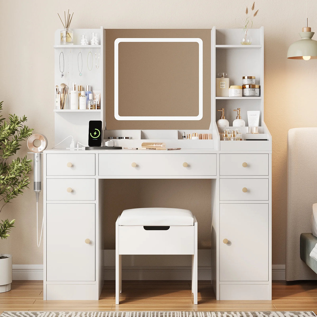 Vanity Set with Mirror and Lights, Makeup Table with Charging Station,5 Drawers & Storage Shelves, White