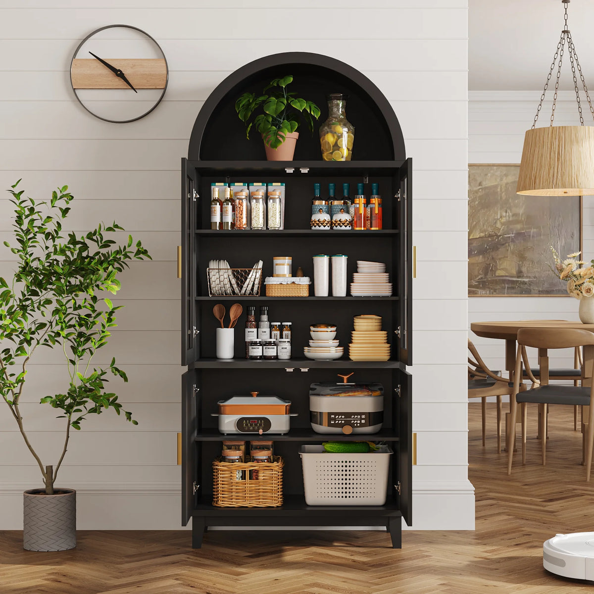 VEANERWOOD 71" Tall Arch Cabinet, Wood Fluted Kitchen Kitchen Storage Cabinet with 4 Doors and 6 Shelves for Dining Room Living Room