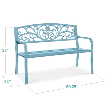 Best Choice Products Outdoor Steel Bench Garden Patio Porch Furniture w/ Floral Design Backrest - Black