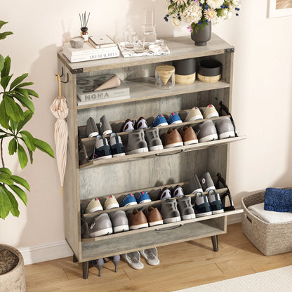 Veanerwood Shoe Cabinet with 2 Flip Drawers Farmhouse Shoe Storage Cabinet Organizer for Entryway, Gray