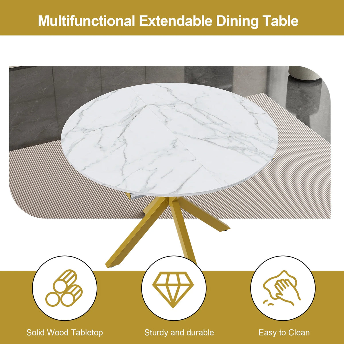 UHOMEPRO Extendable Dining Table with Extendable Blades, Modern Round Kitchen Table with Faux Marble Tabletop, Single Dining Room Table with Carbon Steel X-shaped Base for Dining Room, White+Gold