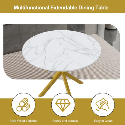UHOMEPRO Extendable Dining Table with Extendable Blades, Modern Round Kitchen Table with Faux Marble Tabletop, Single Dining Room Table with Carbon Steel X-shaped Base for Dining Room, White+Gold