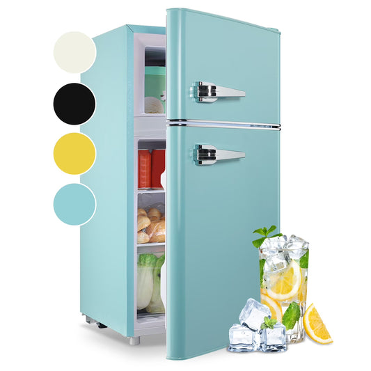 3.5 Cu.ft Compact Refrigerator WANAI Dual Doors Handles Mini Fridge with Top Freezer Blue New