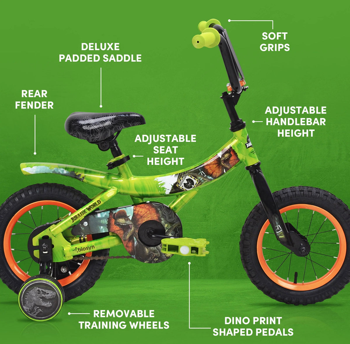 World? 12-inch Raptor Boy's Bicycle with Training Wheel, Green and Orange