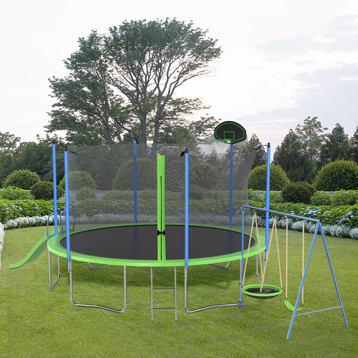 12FT Trampoline with Slide and Swings, Large Outdoor Backyard Trampoline with Basketball Hoop and Ladder for Kids and Adults