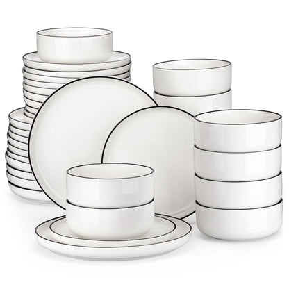 vancasso 36 Pieces Dinnerware Sets, Plates and Bowls Set for 8, Porcelain Dinner Set, White with Black Rim