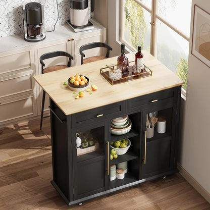 WALYWIK Foldable Kitchen Island Cart with Wheels, 2 Glass Doors, Spice Rack & Towel Holder �C Compact Mobile Storage Cart for Small Kitchens, Dining Rooms, Camping & RVs - Grey