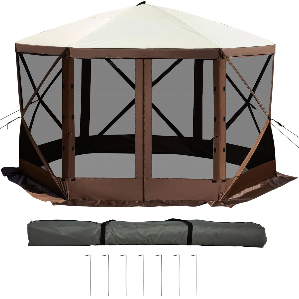 VEVORbrand Camping Gazebo Tent, 12'x12', 6 Sided Pop-up Canopy Screen Tent for 8 Person Camping, Waterproof Screen Shelter w/Portable Storage Bag, Ground Stakes, Mesh Windows, Brown & Beige