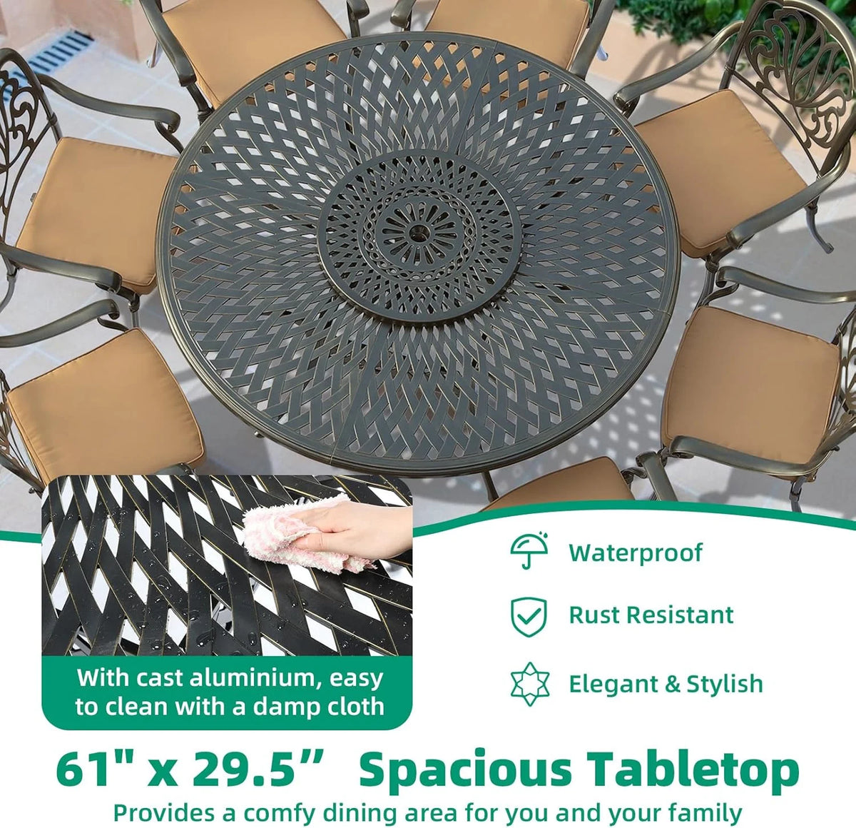 VIVIJASON Outdoor 61" Patio Dining Table for 6-8 Person, Large Patio Round Dining Table with 24" Lazy Susan, Dark Bronze Cast Aluminum Rustic Patio Table W/Umbrella Hole for Balcony, Porch and Deck