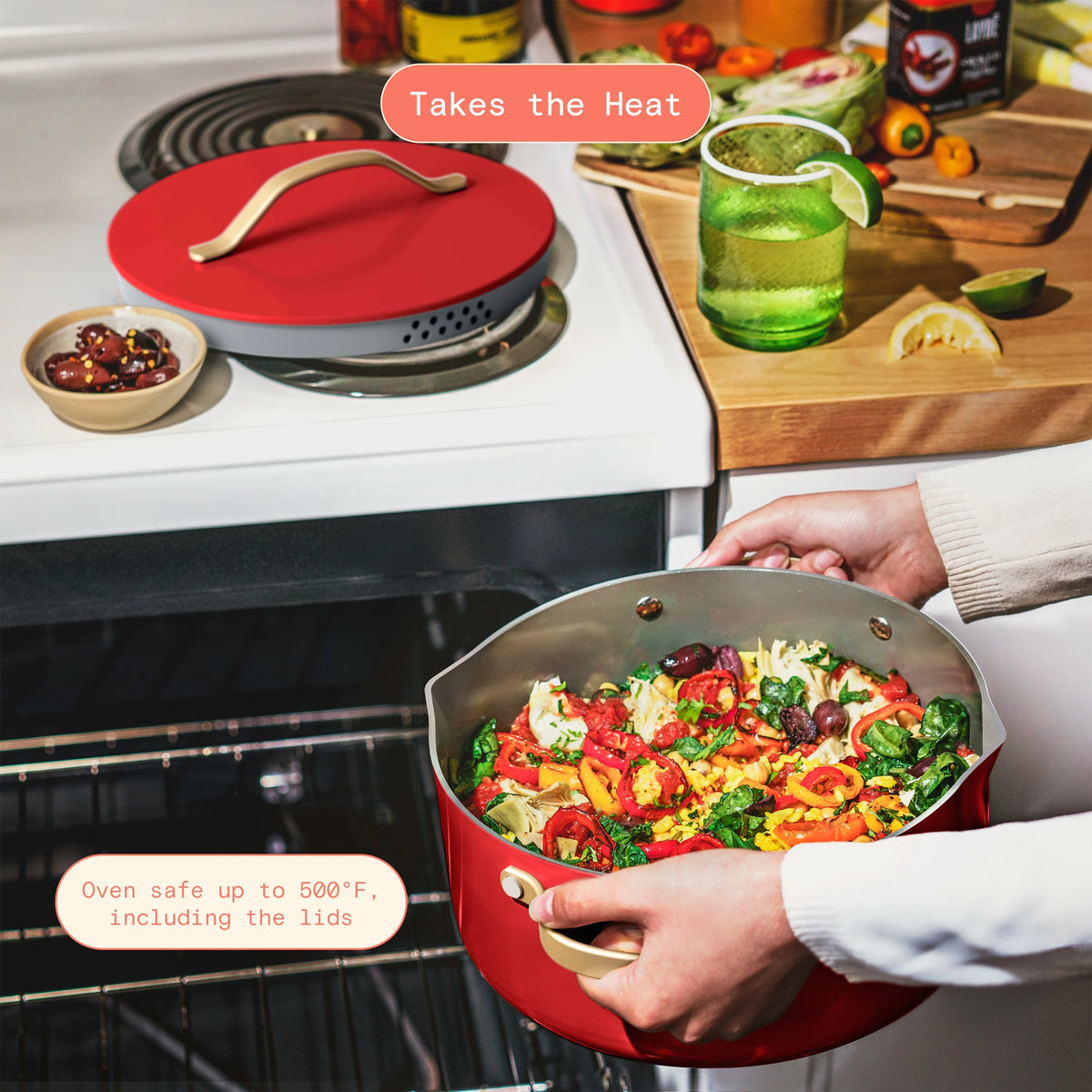 Beautiful 12pc Ceramic Non-Stick Cookware Set with Strainer Lids, White Icing by Drew Barrymore