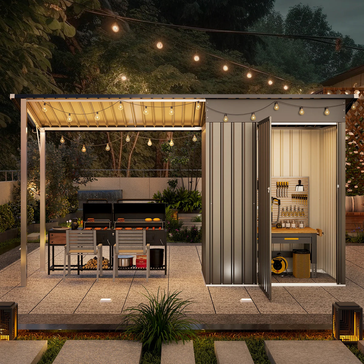 YODOLLA Outdoor Open-Sided Storage Shed, 3x5 Sheds & Outdoor Storage with 15 Sq. Ft Covered, 5x3 Small 2-in-1 Tool Shed with Attached Hardtop Metal Pergola Gazebo