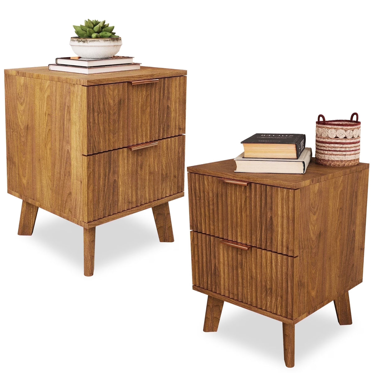 YOCWO Fluted Nightstand for Bedroom Set of 2 , Wood Bedside Table Set of 2 with Drawers, Black