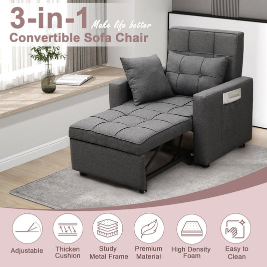 Tolead 3-in-1 Convertible Sofa Bed Sleeper Chair with Adjustable Backrest, Gray
