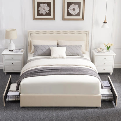 VECELO Full Bed Frame with 4 Storage Drawers (Wheeled) and Tufted Upholstered Adjustable Headboard Platform Bed, Beige