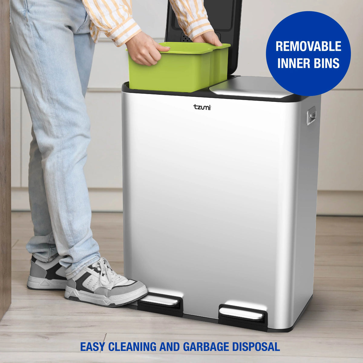Tzumi Dual-Compartment Recycling Bin Stainless Steel Trash Can for Kitchen, 16 Gallon Total