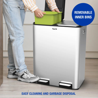 Tzumi Dual-Compartment Recycling Bin Stainless Steel Trash Can for Kitchen, 16 Gallon Total