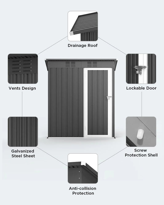 Aiho 5'x 3' Metal Outdoor Storage Shed for Patio Lawn Garden - Gray