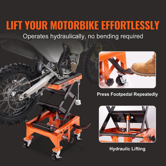 BENTISM Hydraulic Motorcycle Lift Table 350 lbs Height 13'-36' Dirt Bike Scissor Jack Stand with Wide Deck Safety Pin J-hook