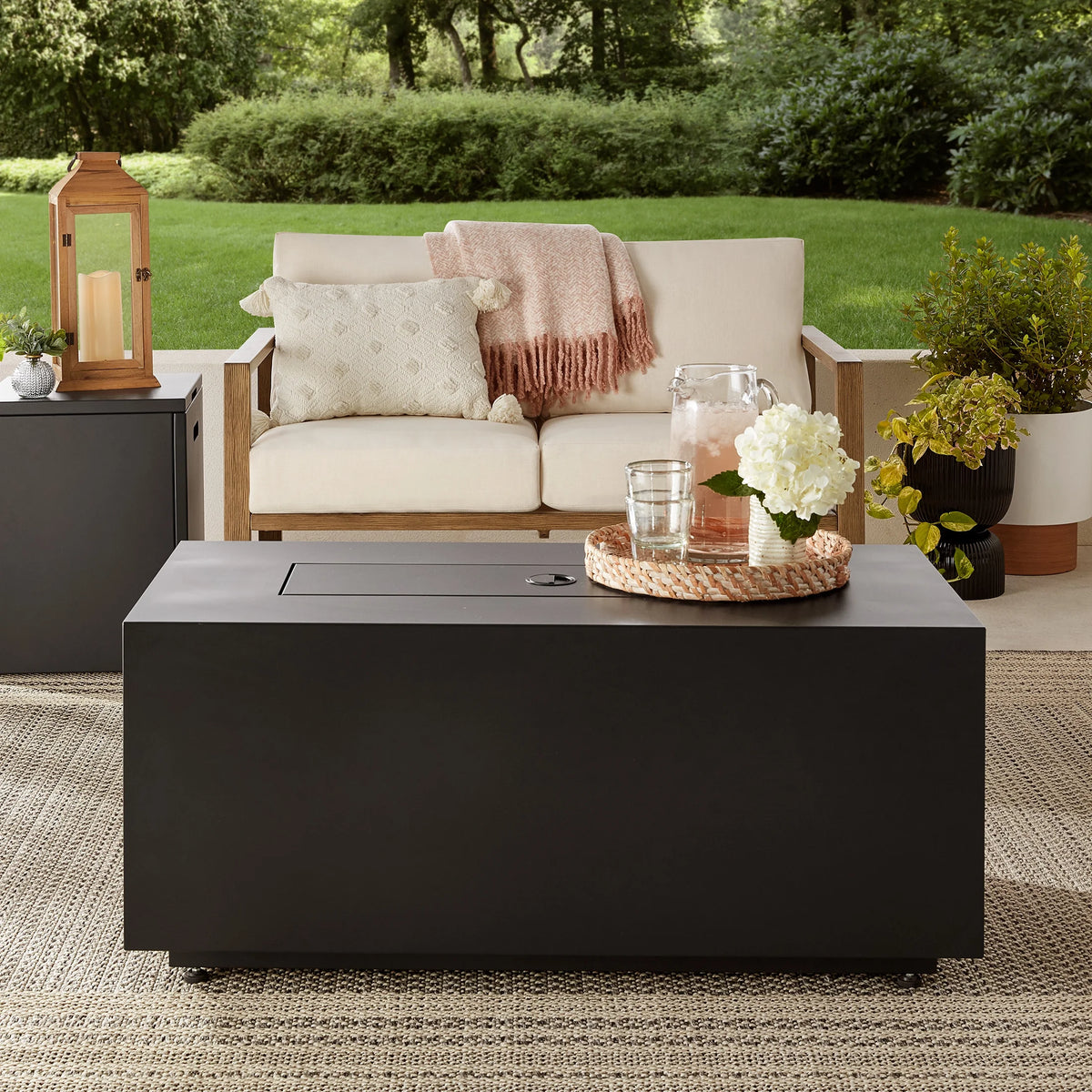 Mainstays 42" Rectangle Black Finish Modern Steel Fire Pit: 42" x 20" 50000 BTU Propane Fire Pit Table with Lid, Tank Hideaway and Cover