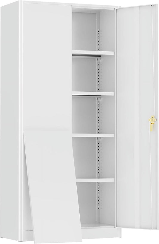 SUNCROWN 72" Metal Storage Cabinet - Heavy-Duty Metal Garage Cabinet with 4 Adjustable Shelves & 2 Doors for Tools, Office, Home, Workshop,White-Small