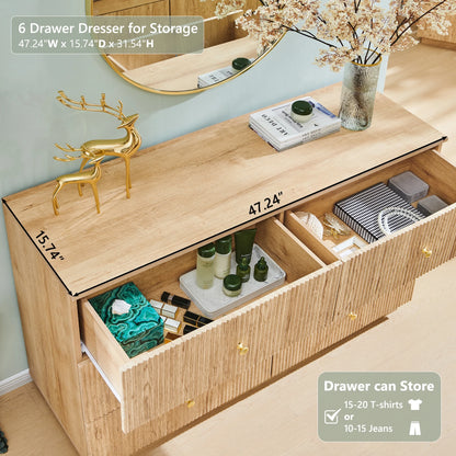 wow97e Fluted 6 Drawers Dresser, Wood 47" Tall Chest of Drawers with Deep Storage, Modern Bedroom Chest for Closet Hallway, Entryway, Living Room